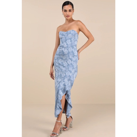 Lulus Dresses & Skirts - Lulus Mabriella Slate Blue Floral Burnout Ruffled Strapless Maxi Dress NWT Med